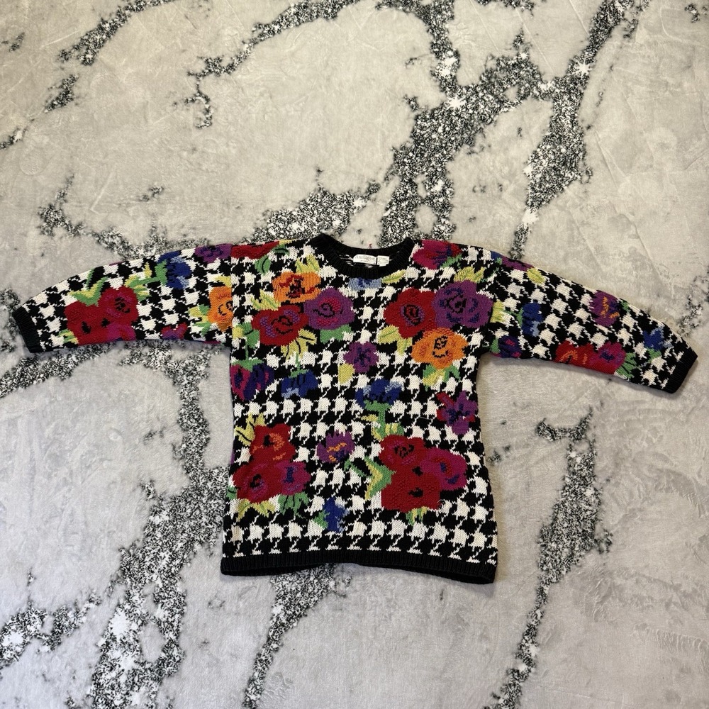 Ann Taylor Studio Womens S Linen Blend Sweater Floral Houndstooth Pullover